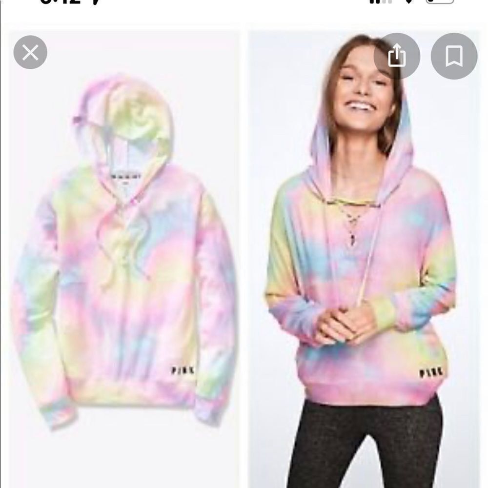 Vs pink cozy sleep lace up pullover hooded sweatshirt/hoody rainbow tie dye sz L
